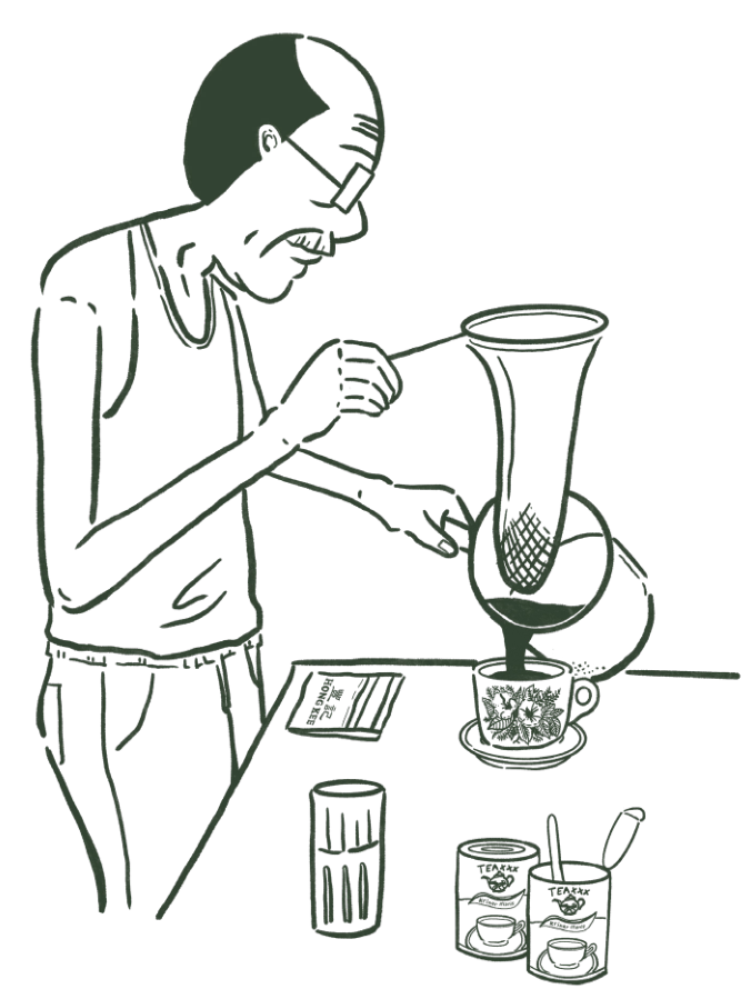 Original Hong Kee Ah Gong illustration, brewing kopi
